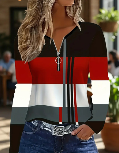 Camiseta Feminina De Manga Comprida Com Zíper Frontal E Blus