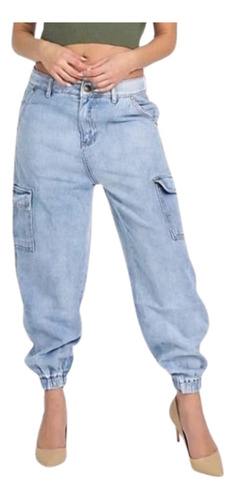 Jeans Mujer Mom  Cargo Tiro Alto  (mezclilla Rigida)