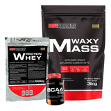 Kit Hipercalórico Waxy Mass 3kg + Whey Protein 500g + Bcaa Sabor Morango