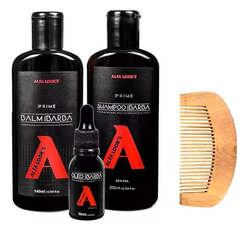 Kit Para Barba Óleo, Balm, Shampoo, Pente Madeira Alfa Looks