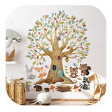 Vinilo Infantil Pared Arbol Bosque Animales Acuarela Ai60