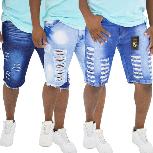 Kit 3 Bermudas Rasgada Destroyed Masculina Jeans Na Promoção