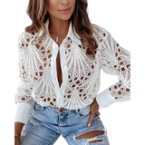 Blusa Dama Casual Tipo Camisa Manga Larga De Encaje Elegante