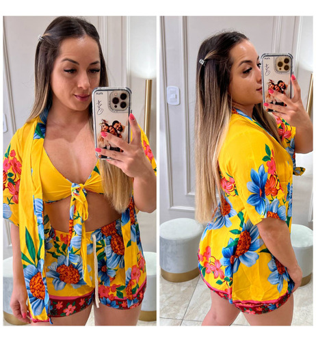 Conjunto 3 Peças [kimono, Short, Top] Quimono Moda Praia