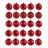 Kit 50 Bolas De Natal 6cm Fosca Brilhante Glitter Cor Vermelho