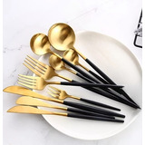 Set Cubiertos Desechables Cuchara Dorado Negro Metalx 12und