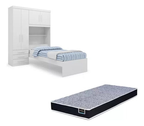 Guarda Roupa Solteiro + Cama Com Cabeceira Baú + Colchão Av