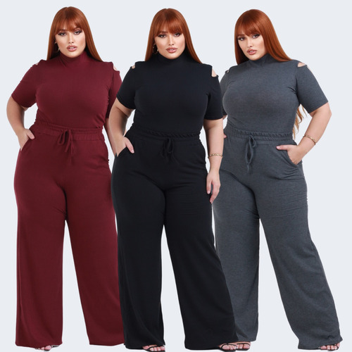 Kit 3 Conjunto Calça Pantalona Plus Size Wide Leg Casual 