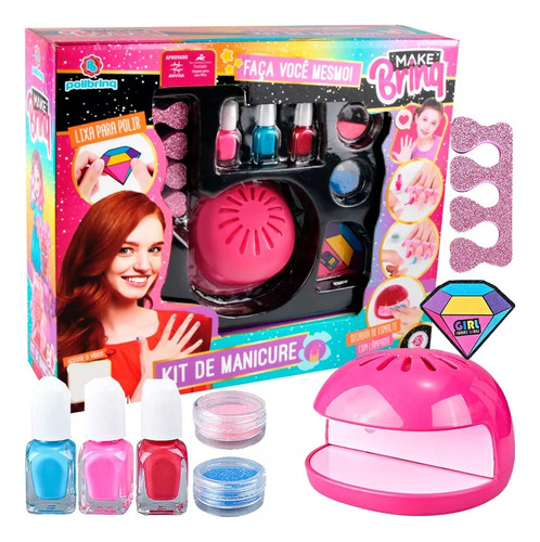 Kit Manicure Infantil 3 Esmaltes Secador Glitter Make Brinq