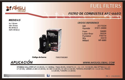 Filtro De Gasolina Afc-6680 Prado 4runner Tundra Hyundai H1 Foto 2