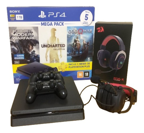 Playstation 4 Slim (2 Controles E 19 Jogos) + Headset Redragon Zeus-x + Placa De Captura Usb (1080p30fps Ou 720p60fps)