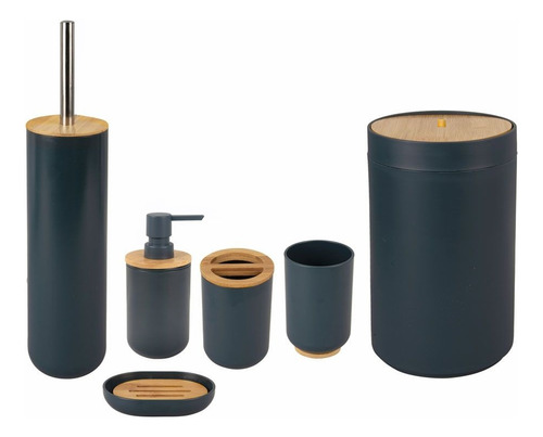 Set Baño Bambu Plastico X6 Cesto Dispenser Jabon Escobilla 