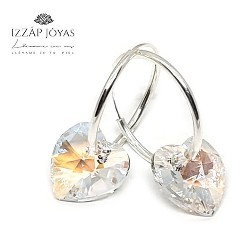 Aros Cubanos + Cristales Swarovski Corazon 10 Mm Plata 925