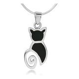 Collar Gato Plata 925 Esmalte Negro, 18  - Mujer.