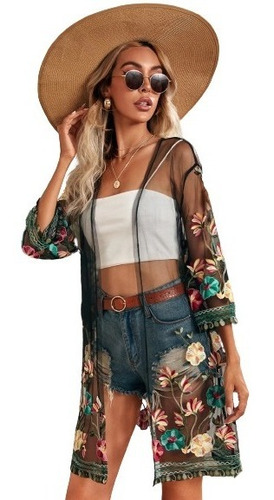 Cardigã Quimono Kimono Blusa Feminina Bordada Renda Camisa