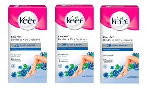 3 Pc Bandas Depilatorias Veet Easy Grip Decera Piel Sensible