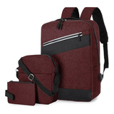 Mochila Usb  Bolsa  Lapicera, Set 3 Piezas Escolar Viaje Oficina Casual 3014 S Color Rojo