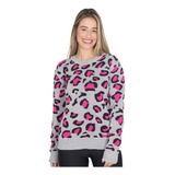 Blusa Suéter Feminino Tricot Animal Print Onça Gola Redonda