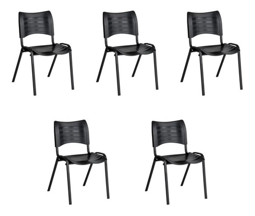 Kit 5 Cadeiras Compacta Empilhável Fixa Escritório Preta