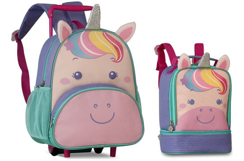 Kit Mochila Rodinha E Lancheira Unicórnio Infantil Escolar 