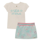 Conjunto Infantil Blusa Short Saia Rosa Azul E Bege Açucena