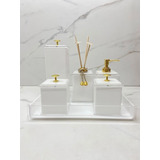 Kits De Acessórios Para Banheiro Organiza Acrílic Quadritti Quadrado Branco Liso Com Dourado X 6