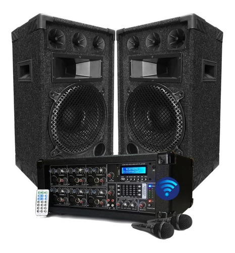 Combo Consola Potenciada 6 Canales Bluetooth Usb Control Remoto 150w Rms + 2 Bafles 10 150w + 2 Mic