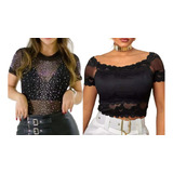 Blusinhas Feminina Cropped Renda Body Tule Manga Curta Festa