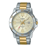 Reloj Pulsera Casio Mtp-vd01 Con Correa De Acero Inoxidable Color Plateado/oro - Fondo Beige - Bisel Plateado