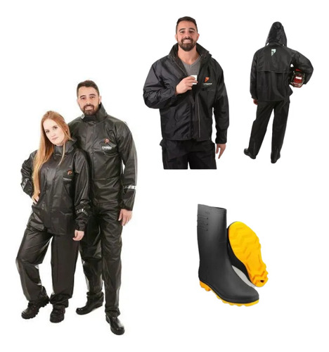 Capa De Chuva Pioneira C/ Bolso + Bota Borracha Impermeável