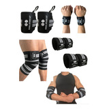 Kit Vendas Para Rodilla Knee Wraps + Coderas +muñequeras Gym