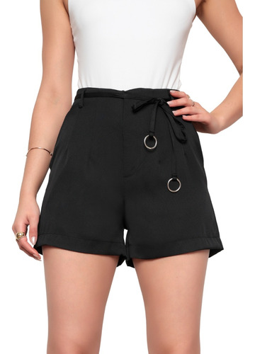 Shorts Feminino Cintura Alta Alfaiataria Social Cordão Bolso