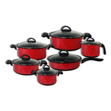 Jogo 6 Panela Cerâmica Tampa Vidro Indução Cooktop Lenha Gas Cor Vermelho