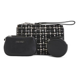 Bolsa Set 3 Piezas Nine West Mistletoe SLG Diseño Cuadriculado Y Liso De Piel  Negra Con Correa De Hombro Negra Asas Color Negro Y Herrajes Plata