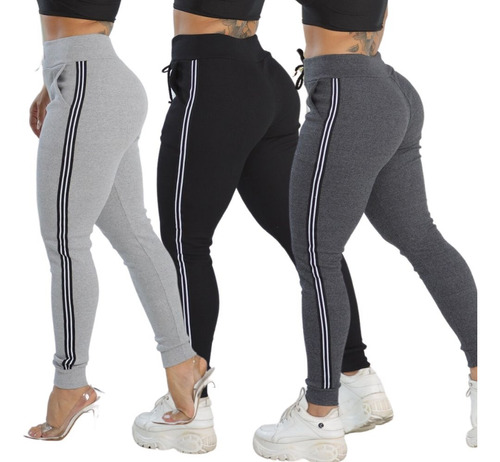 Kit 3 Calça Jogger Ribana Com Faixa Bolso Feminina Casual