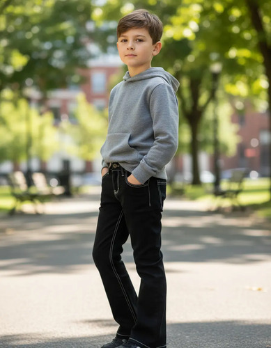 Pantalon Negro De Niño Vaquero Bolsas Bordadas Montaña