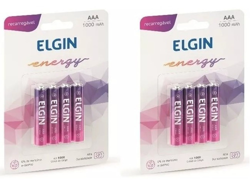 08 Pilhas Recarregável Elgin Aaa 1000mah 02 Blister C/4 Unid