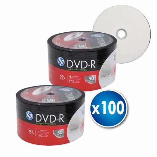 Pack 100 Unidades Dvd-r Hp 4.7gb 8x Imprimible Full Face