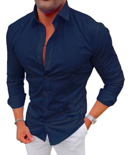 Blusa Social Masculina Manga Longa Slim Fit De Elastano