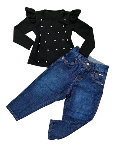 Conjunto Feminino Infantil Blusa Lanzinha E Calça Jeans Luxo