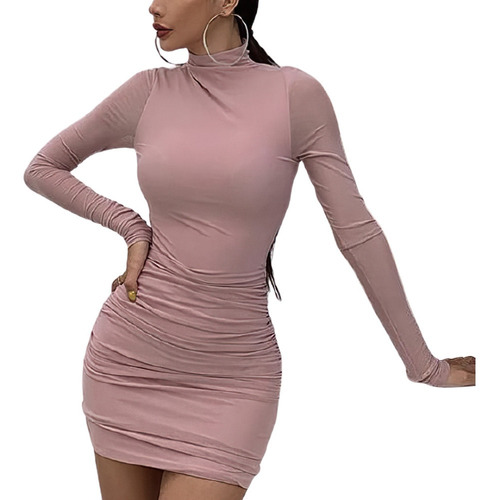 Vestido Corrugado Mujer Manga Larga Transparente Corto