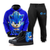 Kit Conjunto Moletom Sonic Blusa E Calça  Tênis Cano Alto