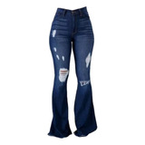 Pantalon Mujer Jean Acampanado Tiro Cintura Alta Rasgados