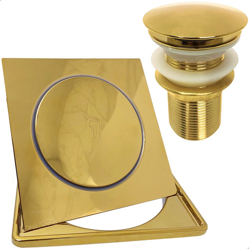 Kit Porta Grelha Dourado Inox Ralo 15x15 Valvula Click 1 1/4