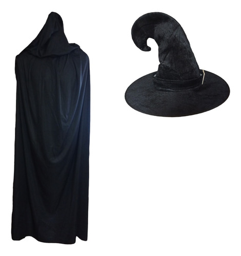 Disfraz Bruja/brujo Capa Y Sombrero Negro Halloween