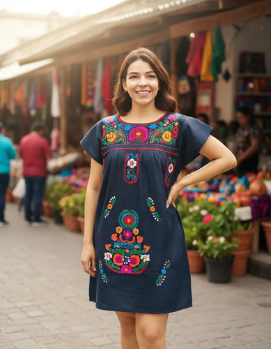 Vestido Mezclilla Dama Mexicano Bordado Mano Artesanal Típic