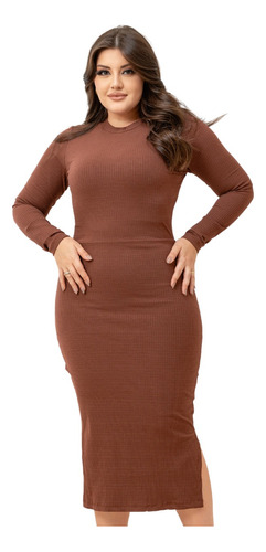 Vestido Midi Elegante Plus Size Malha Com Manga Festa