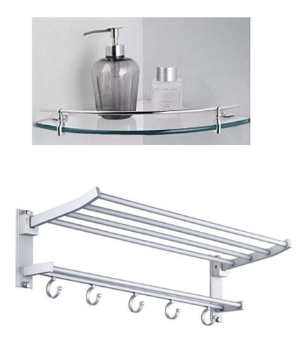 Set De Baño Repisa Esquinera Cristal + Toallero Doble Inox