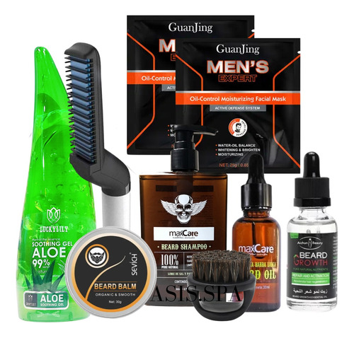 Kit De Barba 2 Aceite Cepillo Gel Shampoo Bálsamo Alisador