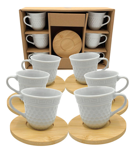 Set X 6 Tazas Ceramica + Platos Madera Para Té Café Oferta